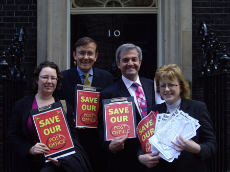 Martin Tod, Sandra Gidley MP, Chris Huhne MP and Kelsie Learney campaigning to save Hampshire post offices
